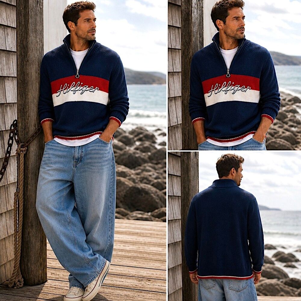 Tommy Hilfiger M Preppy Y2K Sweater Blue 1/4 Zip Long Sleeve Wool Blend Script